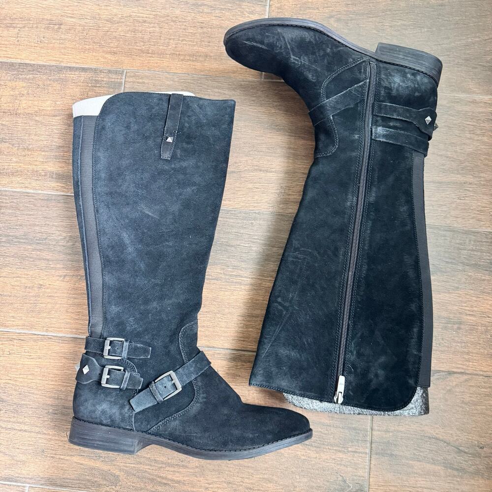Marc Fisher Black Suede Tall Moto Studded Wide Calf Boots Arbor 9.5 NEW In Box